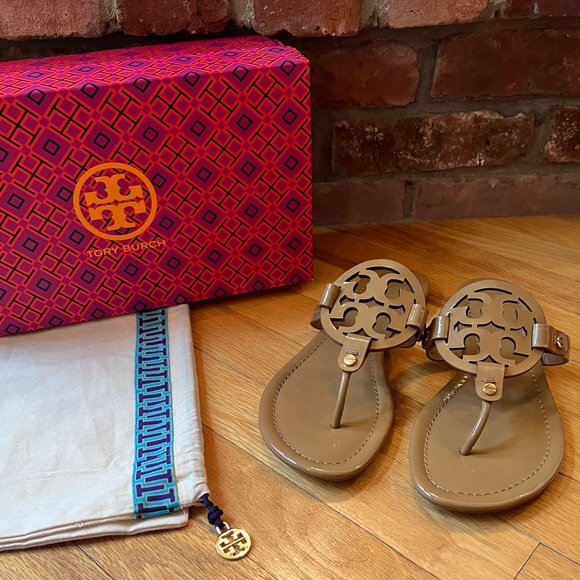 Tory Burch Shoes - Tory Burch Tan Patent Leather Miller Sandals